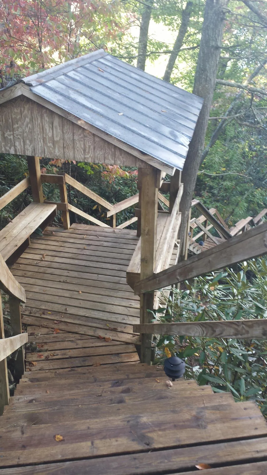 Metal roofed shelter over wooden steps on a wooded walkway — Skylight Repair & Installation work by our crew in Tyler